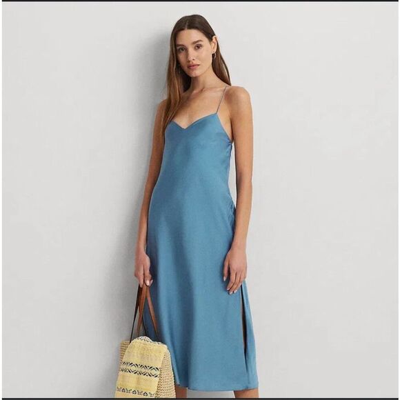 Ralph Lauren Blue Featherlight Charmeuse Slip Dress Size 14 New - Picture 1 of 8